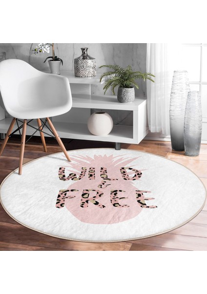Real Homes Beyaz Zeminde Pastel Renkli Ananas Desenli Dijital Baskılı Modern Pembe Mutfak Yıkanabilir Kaymaz Tabanlı Yuvarlak Halı