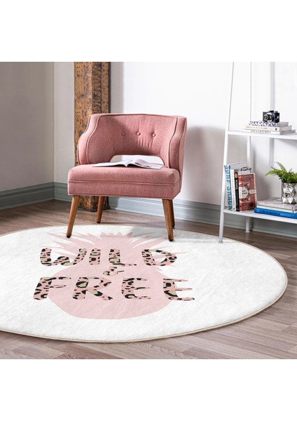 Real Homes Beyaz Zeminde Pastel Renkli Ananas Desenli Dijital Baskılı Modern Pembe Mutfak Yıkanabilir Kaymaz Tabanlı Yuvarlak Halı