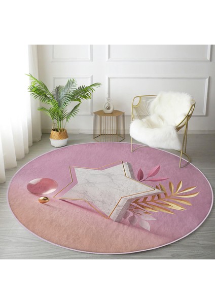 Real Homes Modern Pembe Zeminli 3D Yıldız Desenli Salon ve Oturma Odası Yıkanabilir Kaymaz Tabanlı Yuvarlak Halı modelleri
