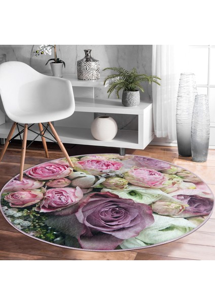 Real Homes Realhomes Pembe Güller Dijital Baskılı Salon ve Oturma Odası Yıkanabilir Kaymaz Tabanlı Yuvarlak Halı