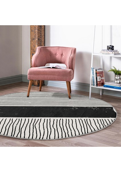 Real Homes Soyut Ilkel Desen Tasarımlı Dijital Baskılı Siyah Salon ve Oturma Odası Yıkanabilir Kaymaz Tabanlı Yuvarlak Halı