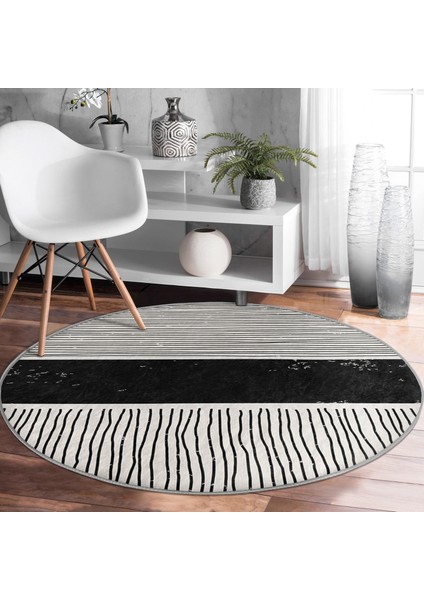 Real Homes Soyut Ilkel Desen Tasarımlı Dijital Baskılı Siyah Salon ve Oturma Odası Yıkanabilir Kaymaz Tabanlı Yuvarlak Halı