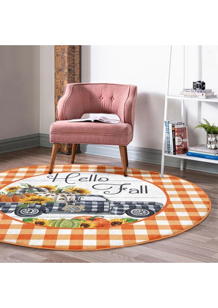Real Homes Turuncu Ekose Motifli Kabak Tasarımlı Modern Outdoor Yıkanabilir Kaymaz Tabanlı Yuvarlak Halı fırsatları