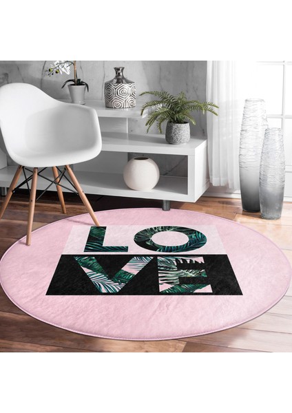 Real Homes Realhomes Love Yaprak Detaylı Özel Tasarım Pembe Mutfak Yıkanabilir Kaymaz Tabanlı Yuvarlak Kadife Halı
