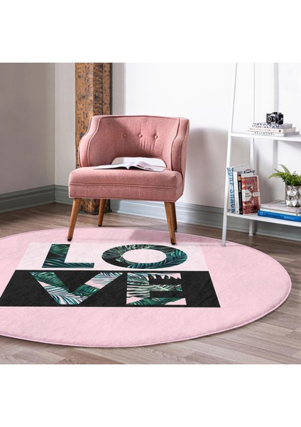 Real Homes Realhomes Love Yaprak Detaylı Özel Tasarım Pembe Mutfak Yıkanabilir Kaymaz Tabanlı Yuvarlak Kadife Halı modelleri