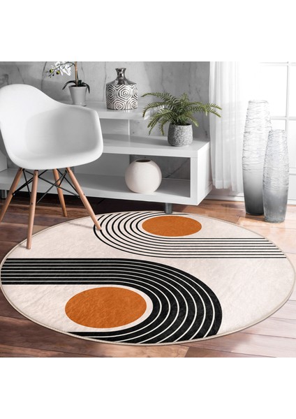 Real Homes Renkli Zeminde Geometrik Desenli Dijital Baskılı Modern Turuncu Salon ve Oturma Odası Yıkanabilir Kaymaz Tabanlı Yuvarlak Halı fiyatları
