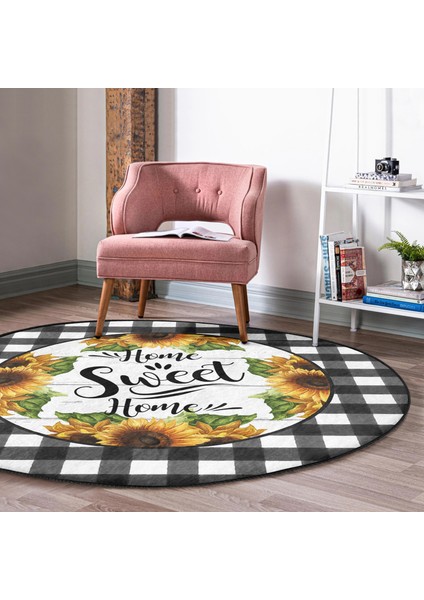 Real Homes Siyah Beyaz Ekose Home Sweet Temalı Modern Gold Outdoor Yıkanabilir Kaymaz Tabanlı Yuvarlak Halı