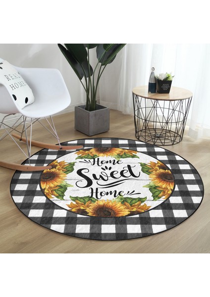 Real Homes Siyah Beyaz Ekose Home Sweet Temalı Modern Gold Outdoor Yıkanabilir Kaymaz Tabanlı Yuvarlak Halı fiyatları