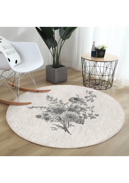 Real Homes Pastel Zeminde Çiçek Desenli Dijital Baskılı Modern Krem Salon ve Oturma Odası Yıkanabilir Kaymaz Tabanlı Yuvarlak Halı