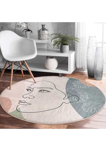 Real Homes Pastel Zeminde Onedraw Çizimli Bayan Silüeti Dijital Baskılı Modern Renkli Salon ve Oturma Odası Kaymaz Tabanlı Yuvarlak Halı