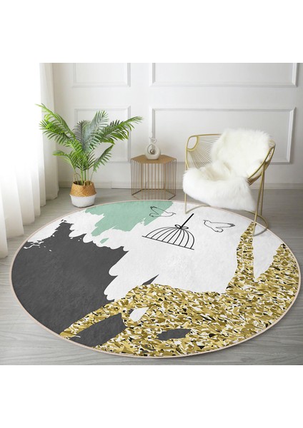 Real Homes Kafes ve Kuş Motifli Gold Modern Motifler Dijital Baskılı Salon ve Oturma Odası Yıkanabilir Kaymaz Tabanlı Yuvarlak Halı