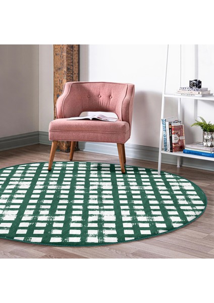 Real Homes Realhomes Koyu Yeşil Geometrik Kare Motifli Ofis Yıkanabilir Kaymaz Tabanlı Yuvarlak Kadife Halı