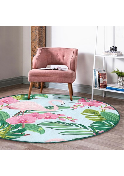 Real Homes Realhomes Renkli Tropik Yaprak Flamingo Motifli Pembe Outdoor Yıkanabilir Kaymaz Tabanlı Yuvarlak Halı fiyatları