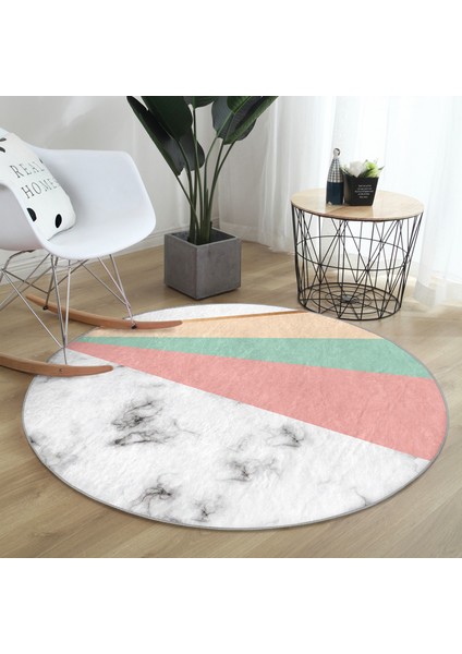 Real Homes Renkli Geometrik Desenli Mermer Motifli Dijital Baskılı Modern Banyo Yıkanabilir Kaymaz Tabanlı Yuvarlak Halı