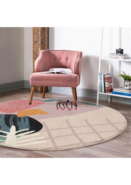 Real Homes Pastel Zeminde Geometrik Çizimli Çiçek Motifli Dijital Baskılı Modern Renkli Salon ve Oturma Odası Kaymaz Tabanlı Yuvarlak Halı