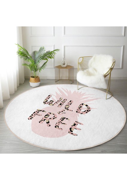 Real Homes Beyaz Zeminde Pastel Renkli Ananas Desenli Dijital Baskılı Modern Pembe Mutfak Yıkanabilir Kaymaz Tabanlı Yuvarlak Halı fiyatları