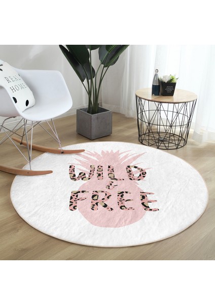 Real Homes Beyaz Zeminde Pastel Renkli Ananas Desenli Dijital Baskılı Modern Pembe Mutfak Yıkanabilir Kaymaz Tabanlı Yuvarlak Halı fırsatları