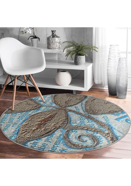 Real Homes Kabartma Yüzey Yaprak Desenli Dijital Baskılı Kahverengi Salon ve Oturma Odası Yıkanabilir Kaymaz Tabanlı Yuvarlak Halı fiyatları
