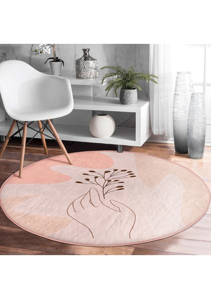 Real Homes Pudra Zeminde Onedraw Çizimli Yaprak Desenli Dijital Baskılı Modern Turuncu Salon ve Oturma Odası Kaymaz Tabanlı Yuvarlak Halı fiyatları