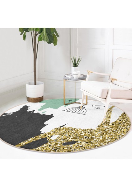Real Homes Kafes ve Kuş Motifli Gold Modern Motifler Dijital Baskılı Salon ve Oturma Odası Yıkanabilir Kaymaz Tabanlı Yuvarlak Halı