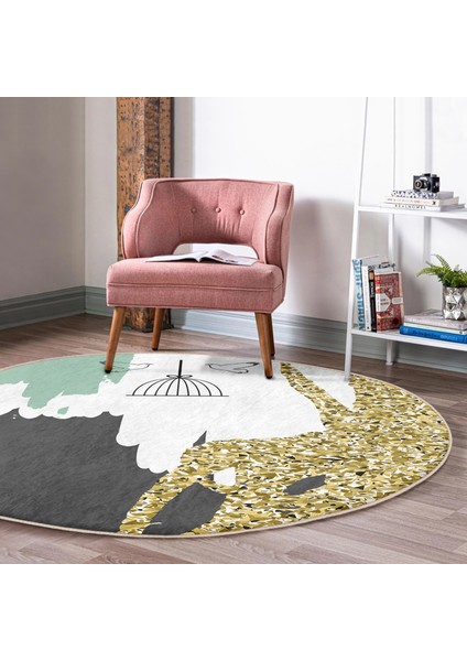Real Homes Kafes ve Kuş Motifli Gold Modern Motifler Dijital Baskılı Salon ve Oturma Odası Yıkanabilir Kaymaz Tabanlı Yuvarlak Halı fiyatları