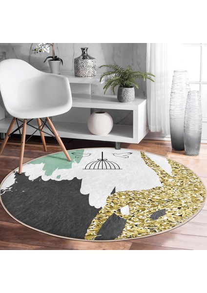 Real Homes Kafes ve Kuş Motifli Gold Modern Motifler Dijital Baskılı Salon ve Oturma Odası Yıkanabilir Kaymaz Tabanlı Yuvarlak Halı modelleri
