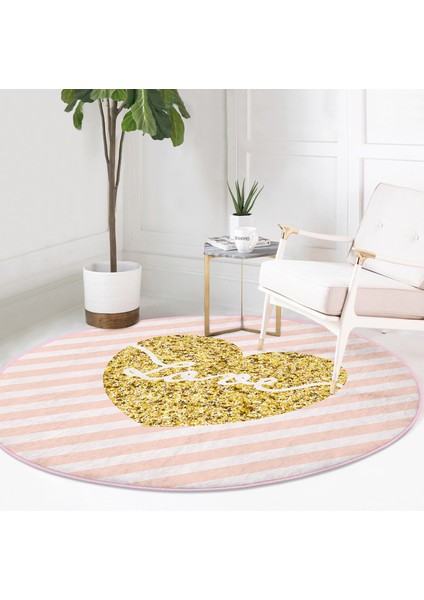 Real Homes Beyaz Zeminde Gold Renkli Love Yazılı Dijital Baskılı Modern Pembe Mutfak Yıkanabilir Kaymaz Tabanlı Yuvarlak Halı