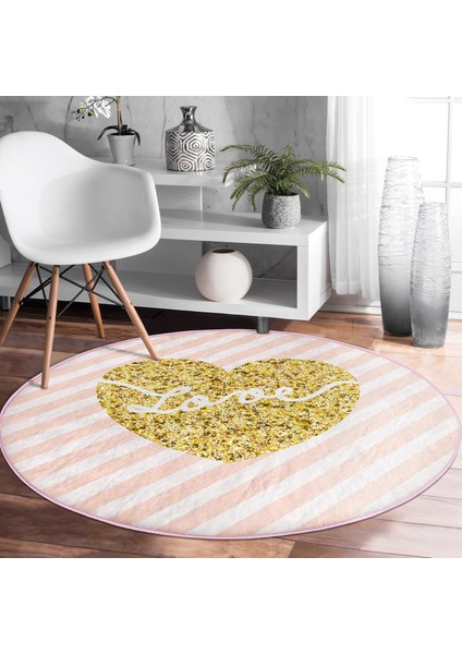 Real Homes Beyaz Zeminde Gold Renkli Love Yazılı Dijital Baskılı Modern Pembe Mutfak Yıkanabilir Kaymaz Tabanlı Yuvarlak Halı modelleri