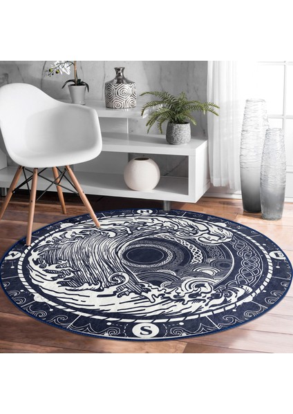Real Homes Beyaz Zeminde Lacivert Pusula Motifli Salon ve Oturma Odası Yıkanabilir Kaymaz Tabanlı Yuvarlak Halı modelleri