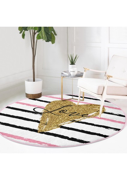Real Homes Love Yaldızlı Kalp Desenli Dijital Baskılı Modern Pembe Yatak Odası Yıkanabilir Kaymaz Tabanlı Yuvarlak Halı