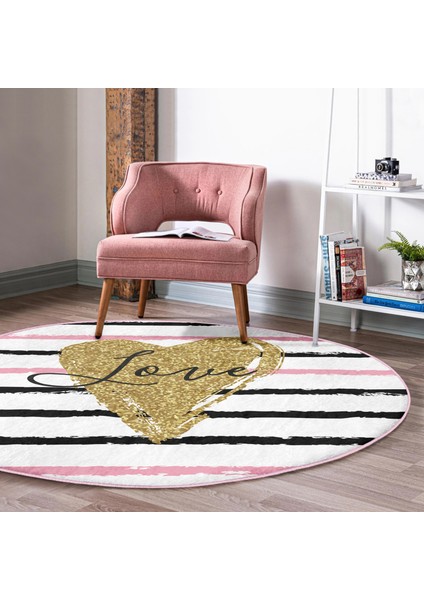 Real Homes Love Yaldızlı Kalp Desenli Dijital Baskılı Modern Pembe Yatak Odası Yıkanabilir Kaymaz Tabanlı Yuvarlak Halı