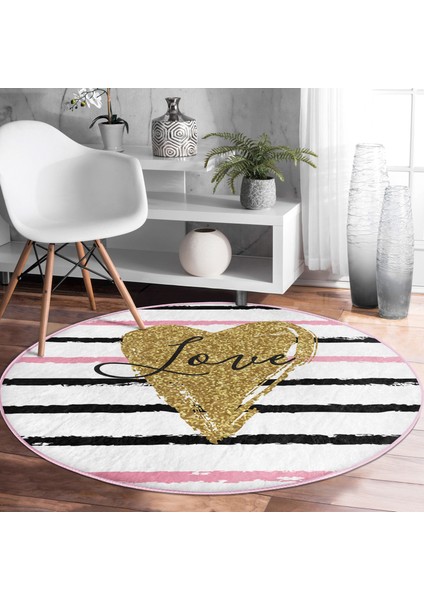 Real Homes Love Yaldızlı Kalp Desenli Dijital Baskılı Modern Pembe Yatak Odası Yıkanabilir Kaymaz Tabanlı Yuvarlak Halı
