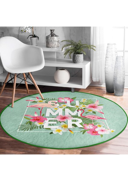Real Homes Flamingo Desen Dijital Baskılı Modern Yeşil Salon ve Oturma Odası Yıkanabilir Kaymaz Tabanlı Yuvarlak Halı fırsatları