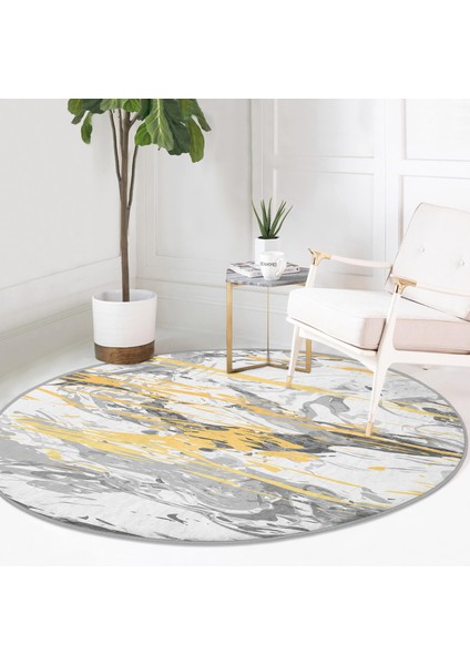 Real Homes Gri Zeminde Gold Detaylı Soft Çizim Desenli Dijital Baskılı Modern Mutfak Yıkanabilir Kaymaz Tabanlı Yuvarlak Halı