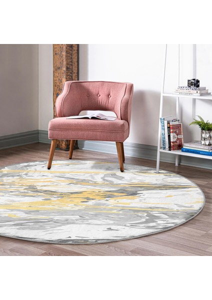Real Homes Gri Zeminde Gold Detaylı Soft Çizim Desenli Dijital Baskılı Modern Mutfak Yıkanabilir Kaymaz Tabanlı Yuvarlak Halı fiyatları