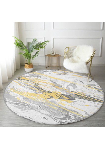 Real Homes Gri Zeminde Gold Detaylı Soft Çizim Desenli Dijital Baskılı Modern Mutfak Yıkanabilir Kaymaz Tabanlı Yuvarlak Halı fırsatları