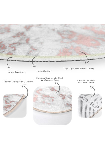 Real Homes Realhomes Mermer Zeminli Dijital Baskılı Pembe Mutfak Yıkanabilir Kaymaz Tabanlı Yuvarlak Kadife Halı