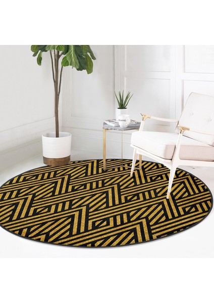Real Homes Gold Zeminde Siyah Geometrik Desenli Dijital Baskılı Modern Ofis Yıkanabilir Kaymaz Tabanlı Yuvarlak Halı