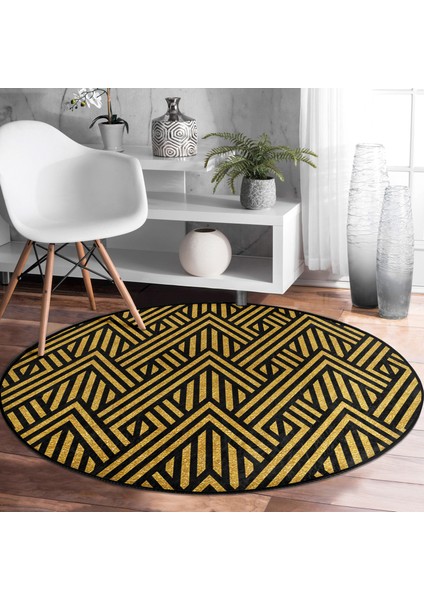 Real Homes Gold Zeminde Siyah Geometrik Desenli Dijital Baskılı Modern Ofis Yıkanabilir Kaymaz Tabanlı Yuvarlak Halı modelleri
