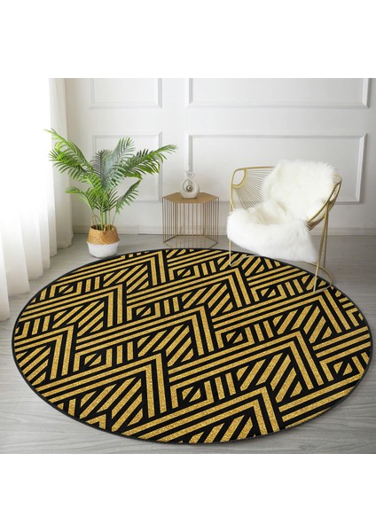 Real Homes Gold Zeminde Siyah Geometrik Desenli Dijital Baskılı Modern Ofis Yıkanabilir Kaymaz Tabanlı Yuvarlak Halı fırsatları