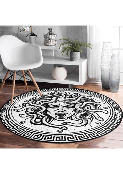 Real Homes Realhomes Eski Medusa Özel Tasarım Siyah Salon ve Oturma Odası Yıkanabilir Kaymaz Tabanlı Yuvarlak Halı fırsatları