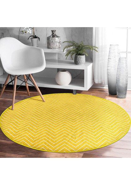 Real Homes Sarı Zeminde Geometrik Çizimli Dijital Baskılı Modern Gold Koridor ve Antre Yıkanabilir Kaymaz Tabanlı Yuvarlak Halı