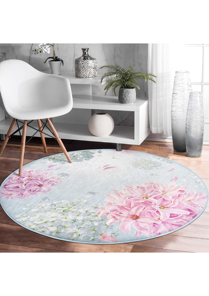 Real Homes Pastel Zeminli Renkli Ortanca Çiçek Dijital Baskılı Modern Pembe Yatak Odası Yıkanabilir Kaymaz Tabanlı Yuvarlak Halı fiyatları