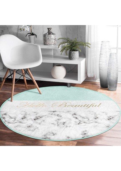 Real Homes Hello Beautiful Mint Yeşili ve Mermer Dijital Baskılı Modern Turkuaz Koridor Antre Yıkanabilir Kaymaz Tabanlı Yuvarlak Halı