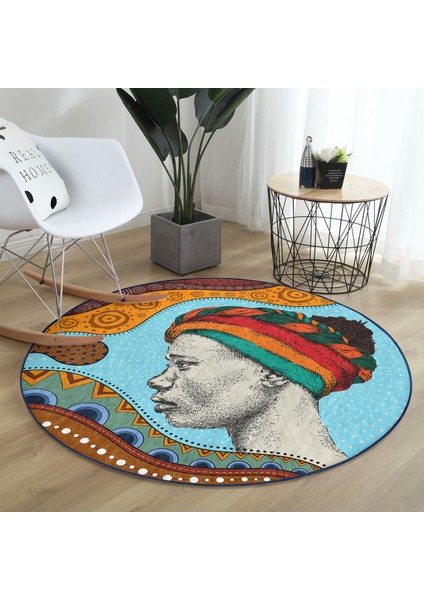Real Homes Etnik Türbanlı Afrika Kadın Tasarımlı Dijital Baskılı Renkli Salon ve Oturma Odası Yıkanabilir Kaymaz Tabanlı Yuvarlak Halı modelleri