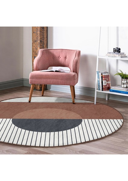 Real Homes Soyut Tarzda Onedraw Çizimli Dijital Baskılı Kahverengi Salon ve Oturma Odası Yıkanabilir Kaymaz Tabanlı Yuvarlak Halı fırsatları