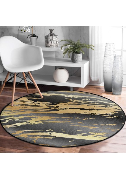 Real Homes Siyah Zeminde Gold Renkli Çizim Desenli Dijital Baskılı Modern Salon ve Oturma Odası Yıkanabilir Kaymaz Tabanlı Yuvarlak Halı