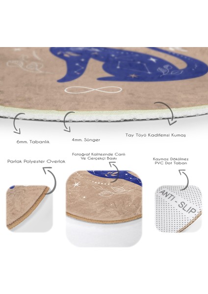 Real Homes Haki Zeminli Mavi Kedi Desenli Özel Tasarım Kahverengi Salon ve Oturma Odası Yıkanabilir Kaymaz Tabanlı Yuvarlak Halı