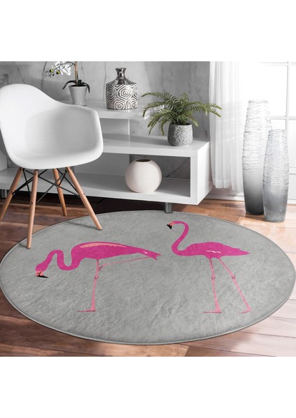 Real Homes Realhomes Gri Zemin Flamingo Desenli Dijital Baskılı Balkon Yıkanabilir Kaymaz Tabanlı Yuvarlak Halı fırsatları