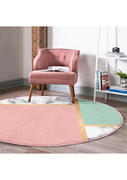 Real Homes Renkli Geometrik Desenli Mermer Motifli Dijital Baskılı Modern Pembe Banyo Yıkanabilir Kaymaz Tabanlı Yuvarlak Halı